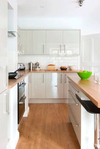kitchen with oak block effect laminate worktops