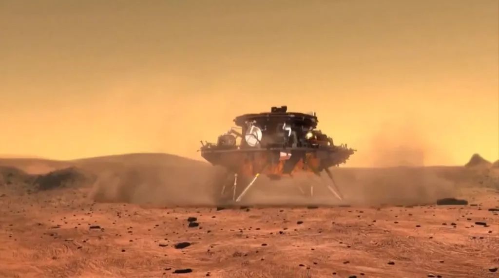 An artist&#039;s concept of China&#039;s first Mars rover mission, Tianwen-1, at the Red Planet.