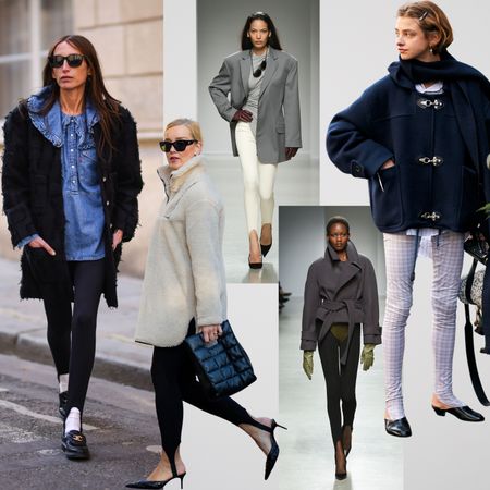 collage of women wearing stirrup leggings