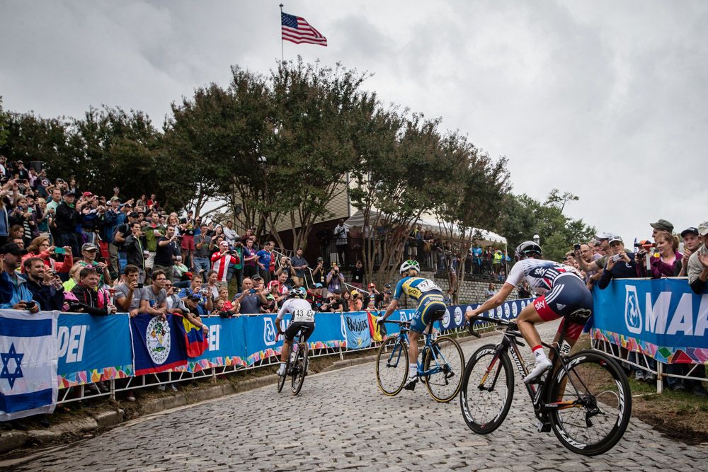 The lead trio climbs Libby Hill during the 2015 women's UCI World Championship Road Race.