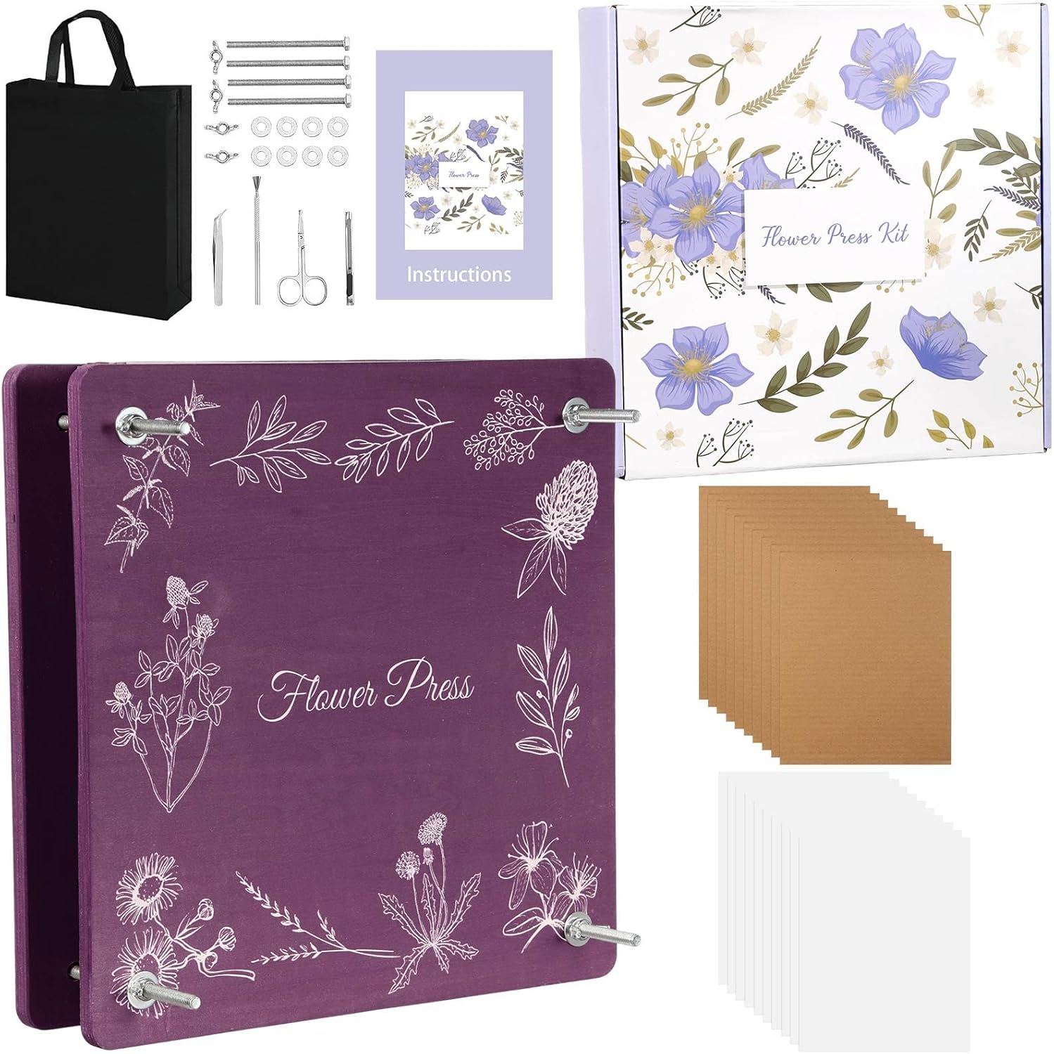 Hoolerry Extra Large Flower Press Kit 11&quot; X 11&quot; Wooden Floral Presser 10 Layers Wedding Bouquet Preservation Kit Dried Flower Art for Bookmark Floral Drying Gift(amarant)