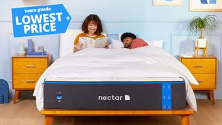 Nectar mattress sale: couple in bed on a Nectar Classic mattress, with a 'Lowest price' deal flag overlaid