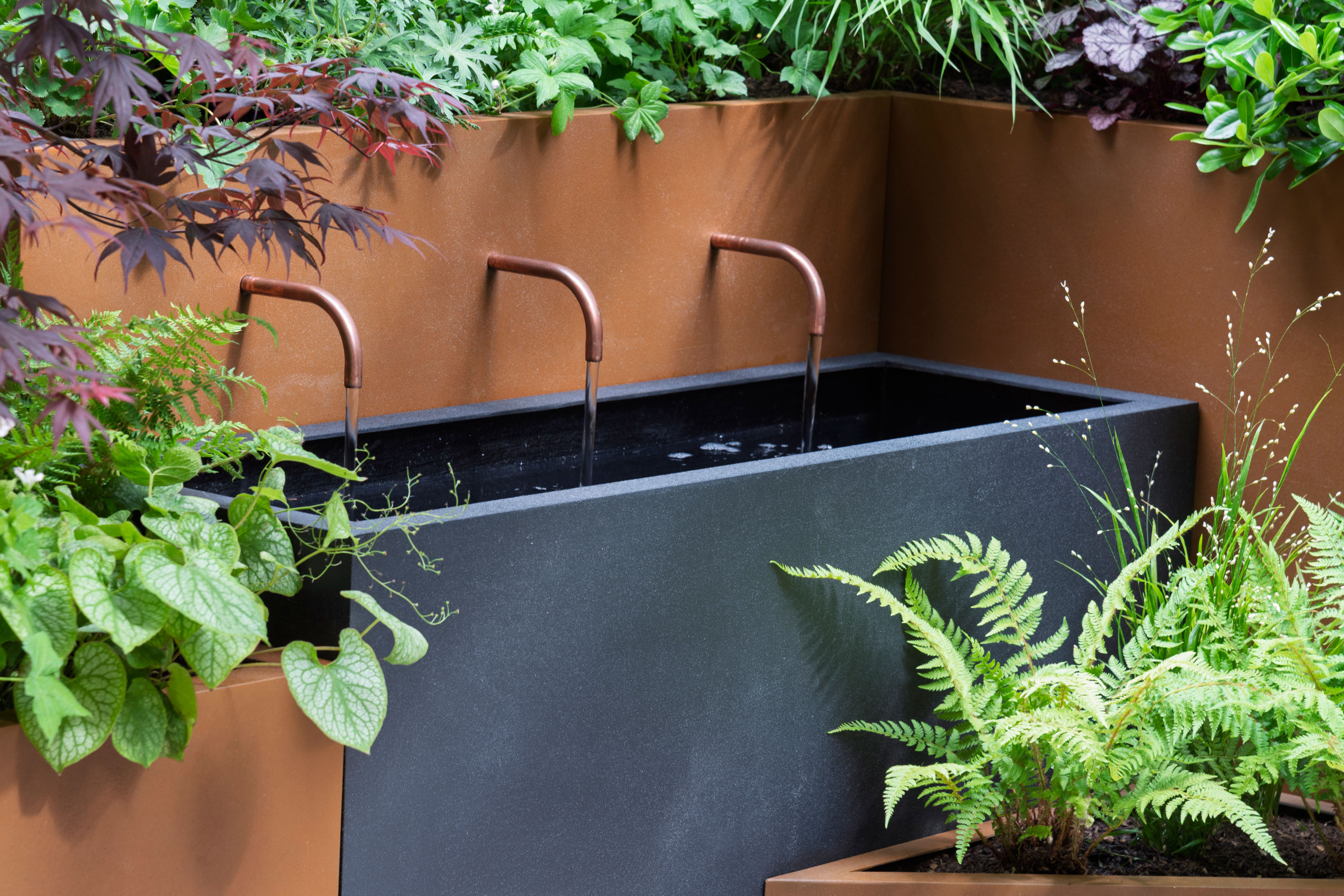 black water feature with water spouts surrounded by planting in terracotta coloured raised beds including ferns, an acer, and ornamental grasses
