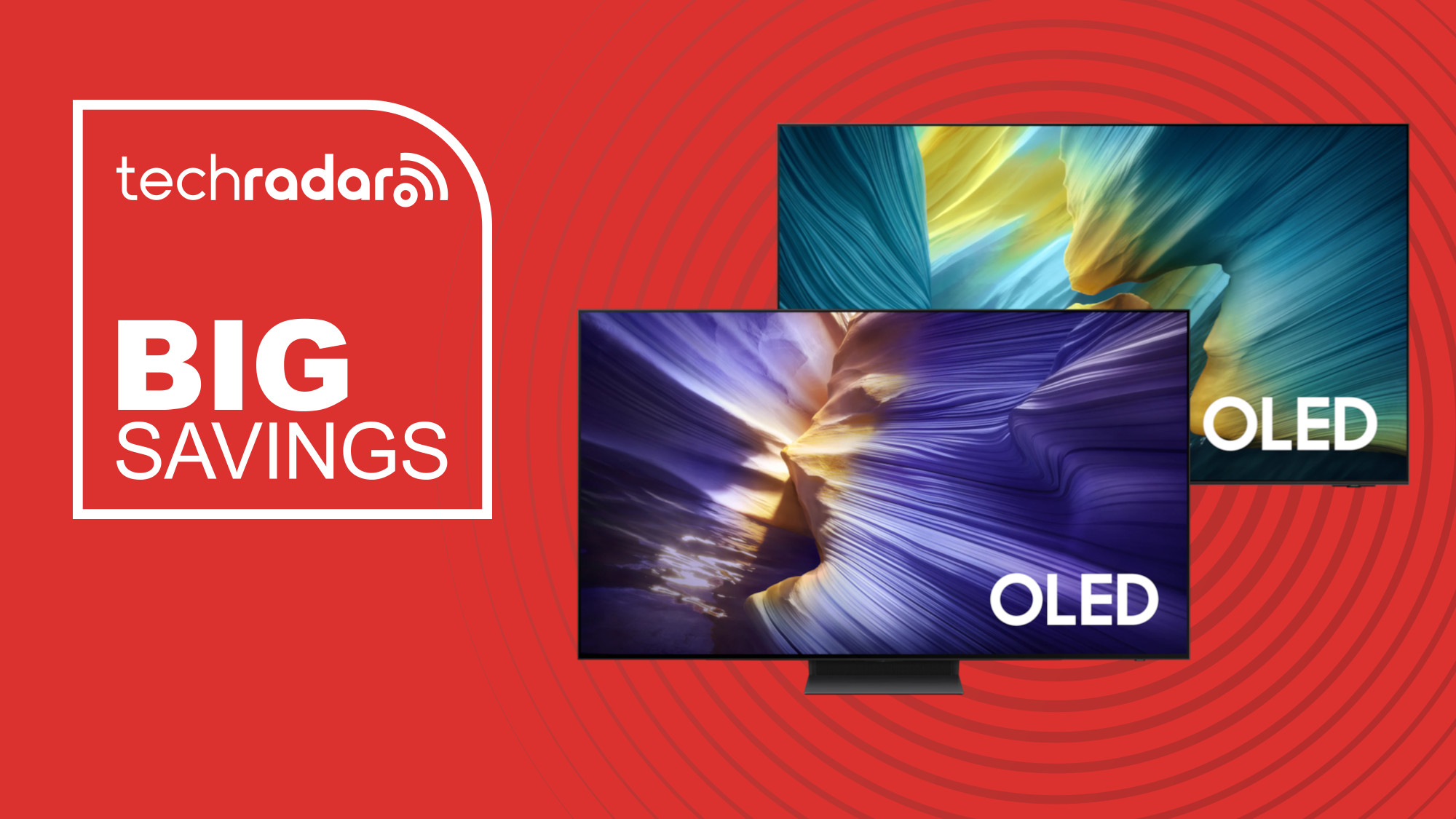 Samsung OLED TVs on a red background
