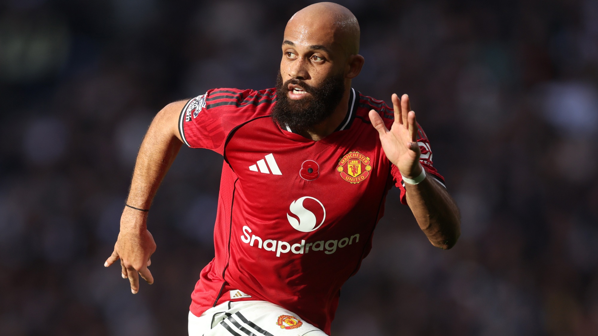 Bryan Mbeumo of Manchester United during the Premier League match between Tottenham Hotspur and Manchester United at Tottenham Hotspur Stadium on November 08, 2025 in London, England.