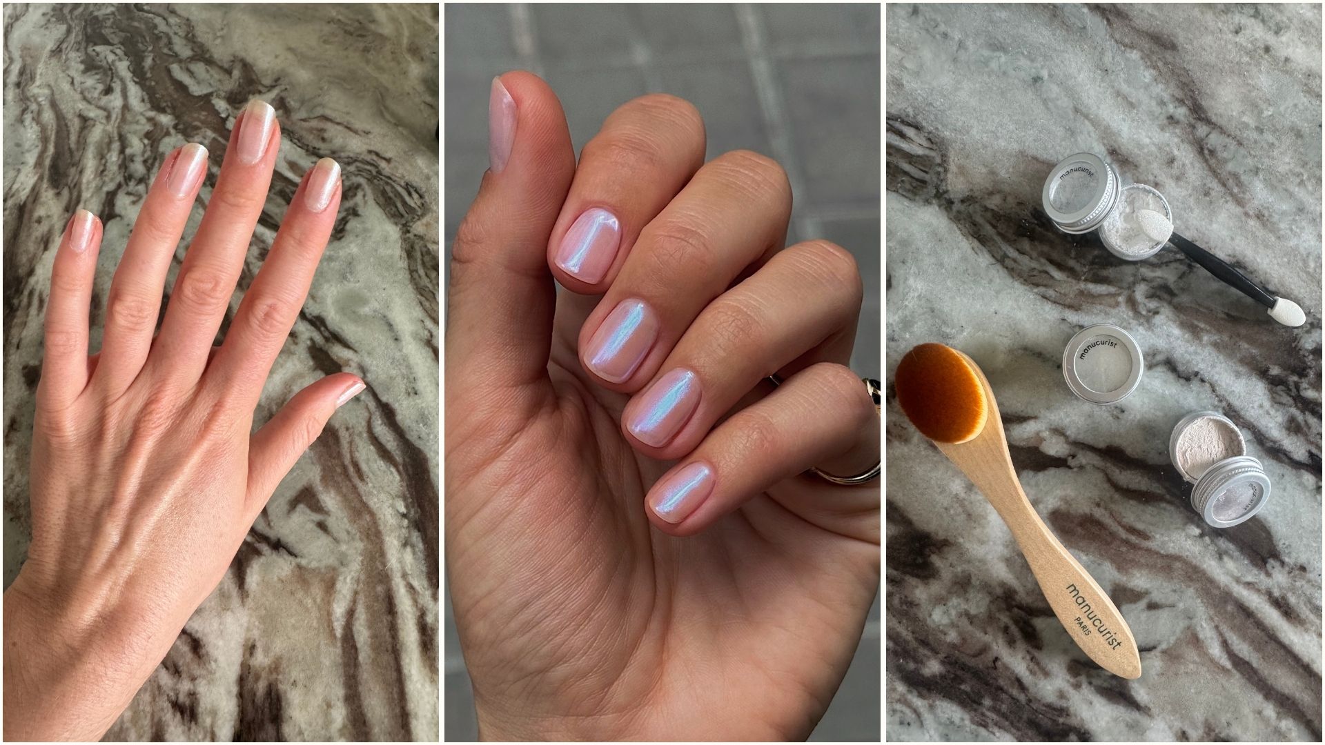 A collage featuring Eleanor's hand testing the Manucurist chrome powders, and a photo of a chrome manicure by @matejanova