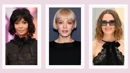 Thandiwe Newton, Lily Allen and Keira Knightly with bob hairstyles to illustrate how to style a bob/ in a pink template