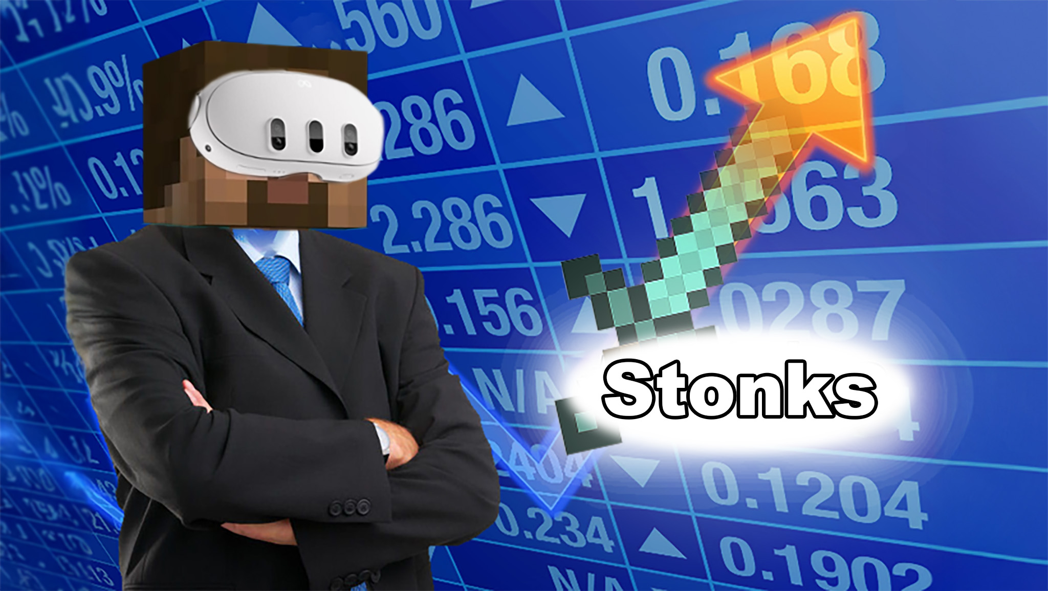 The Stonks meme edited with Minecraft Steve's face wearing a Meta Quest 3 headset, and a Minecraft diamond sword behind the text