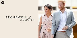 Meghan Markle and Prince Harry on an Archwell Audio promotional graphic.