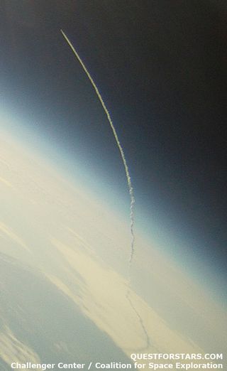 Close-up view of Endeavour as it streaks toward space on its STS-134 mission, as seen by a balloon launched as part of a student project.
