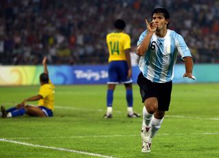 Sergio Aguero celebrates after scoring for Argentina against Brazil at the 2008 Olympics in Beijing.