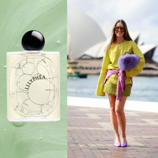A woman wearing a green sweater and a matching, fluffy short skirt. She is flanked by a bottle of lily perfume and both images are in front of a seafoam green, close up shot of green soap.