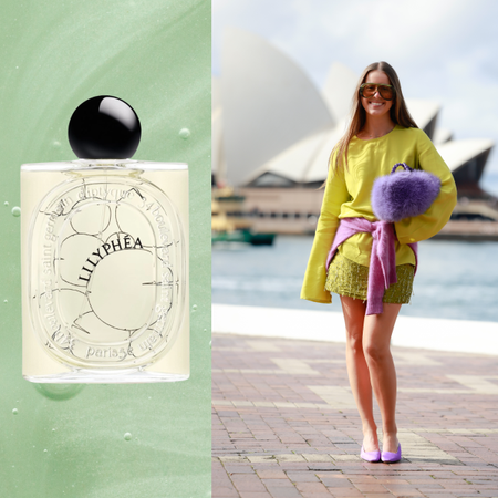 A woman wearing a green sweater and a matching, fluffy short skirt. She is flanked by a bottle of lily perfume and both images are in front of a seafoam green, close up shot of green soap.