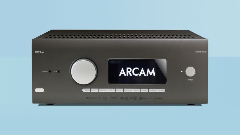 Arcam AVR30 review, image shows Arcam AVR30 from the front on blue background