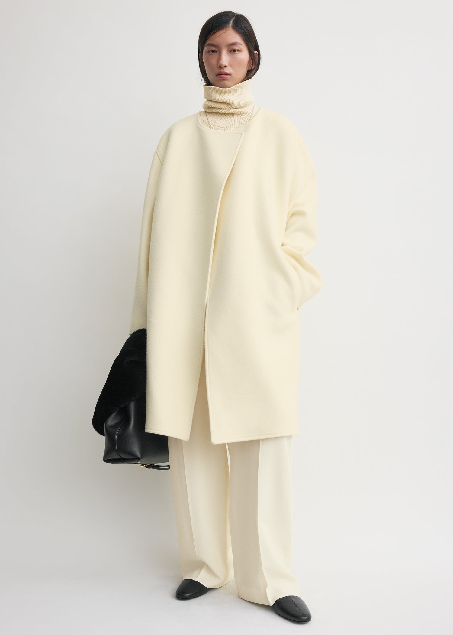 Collarless Felt Coat Ecru