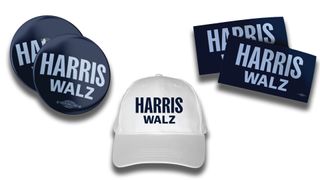 Harris-Walz campaign logo on various merchandise.