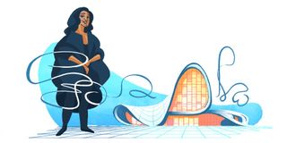 Cartoon of Zaha Hadid standing next to a modernistic building