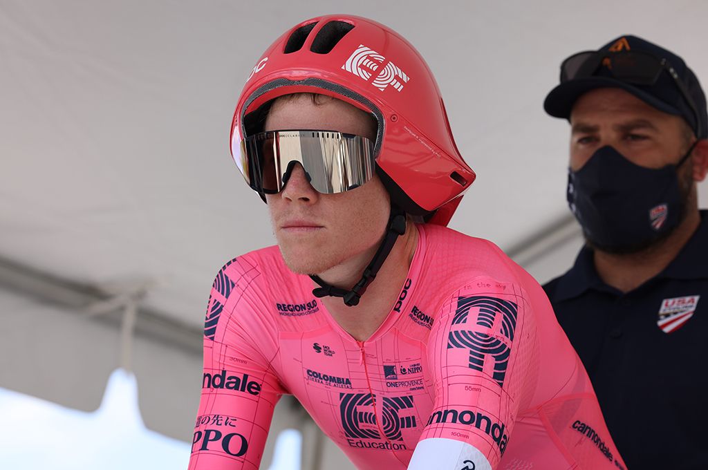 Lawson Craddock (EF Education-Nippo) at the start gate before riding to victory at the USA Cycling Pro Road Championships 2021