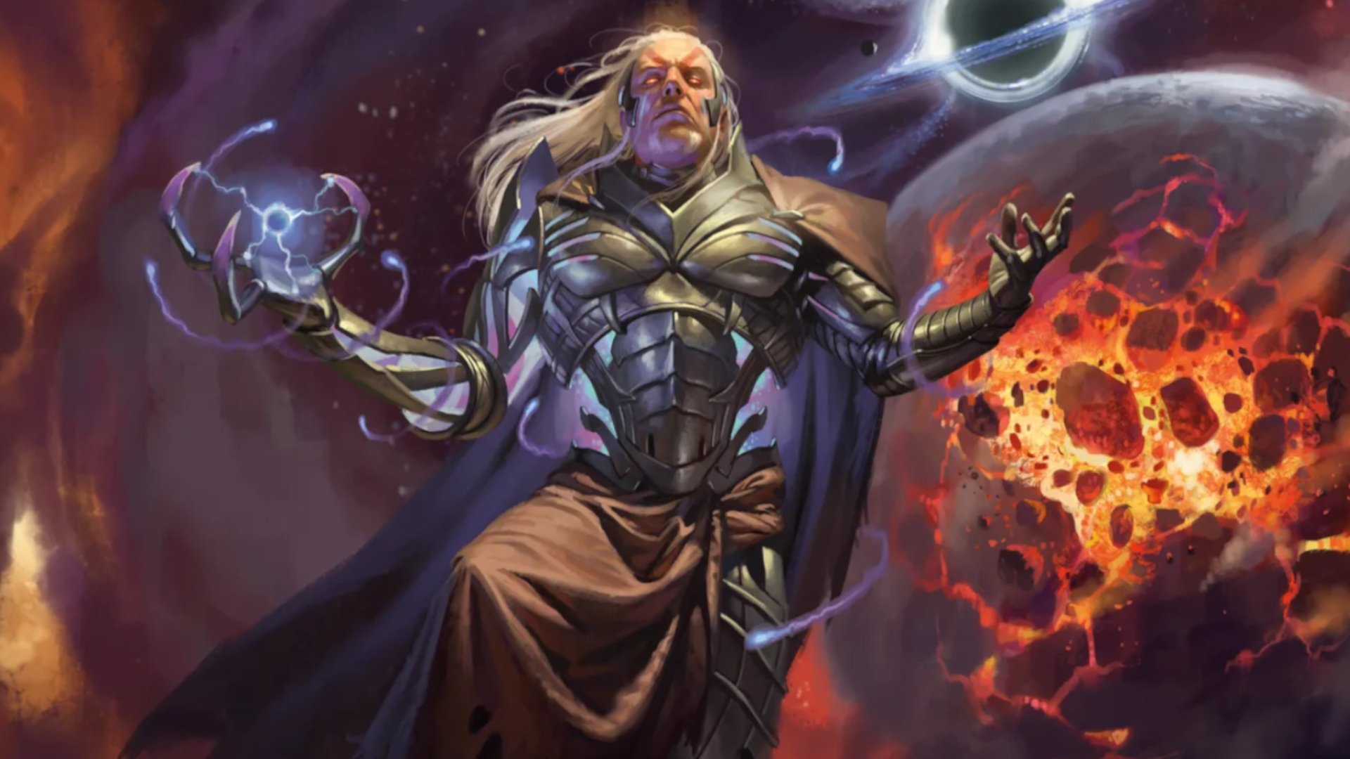 A man with a robotic body and glowing eyes holds his hands out against a backdrop of collapsing planets in space