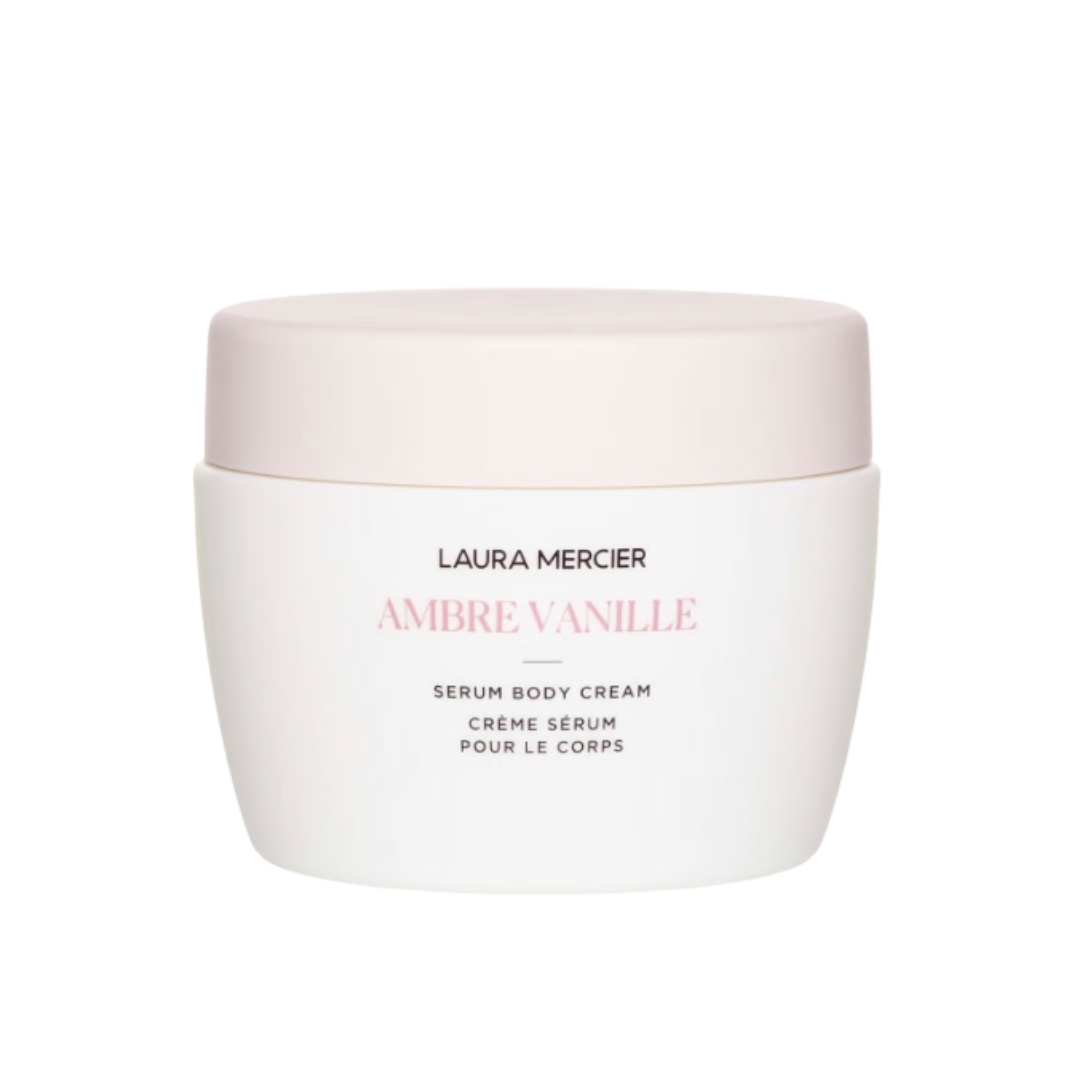 A product shot of the Laura Mercier Ambre Vanille Serum Body Cream, on a white background
