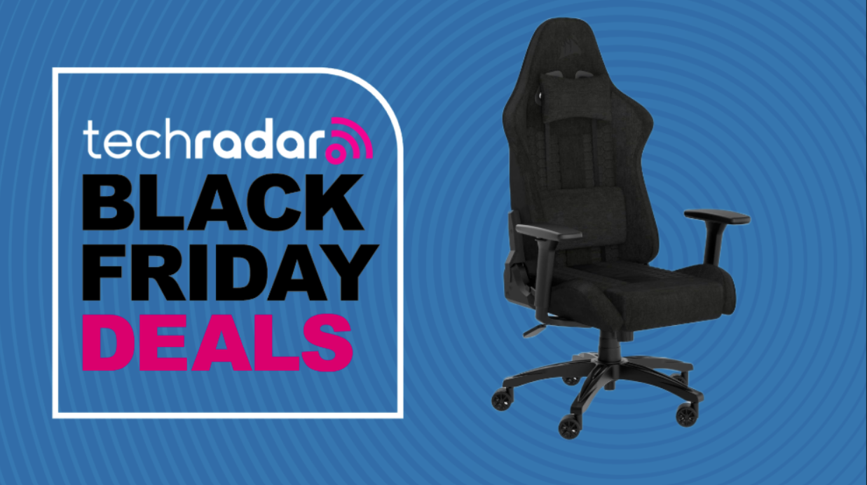 A Corsair TC100 Relaxed office chair on a blue background next to a TechRadar badge reading 'Black Friday deals'