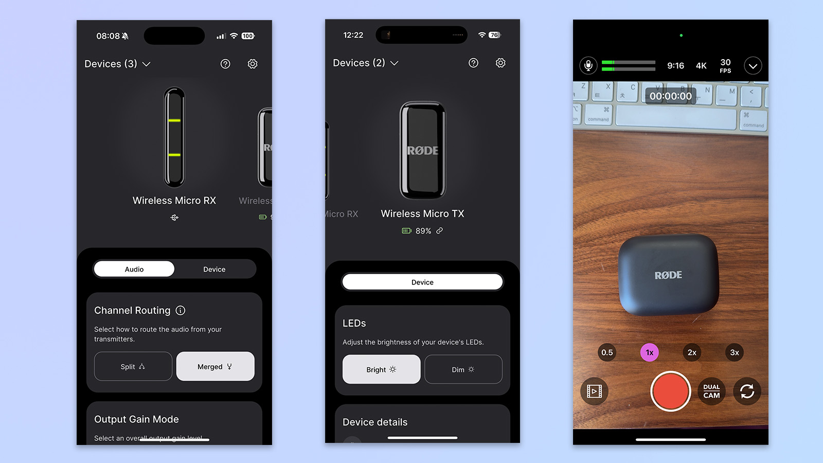 two screenshots from the rode central app showing compatibility with the rode wireless micro and one screenshot on the right from the rode video app, rode capture