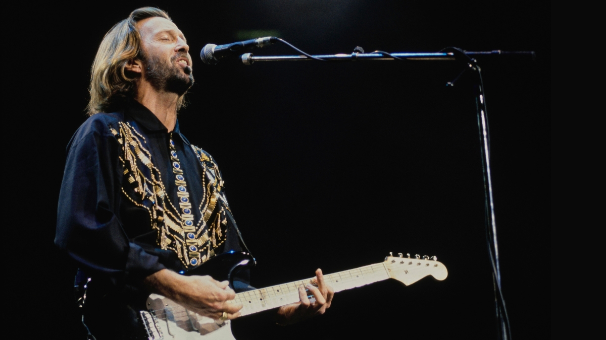 Eric Clapton playing his Fender Stratocaster 'Blackie', in concert - part of Clapton's '24 Nights' series - at the Royal Albert Hall in Kensington, London, England, 1991
