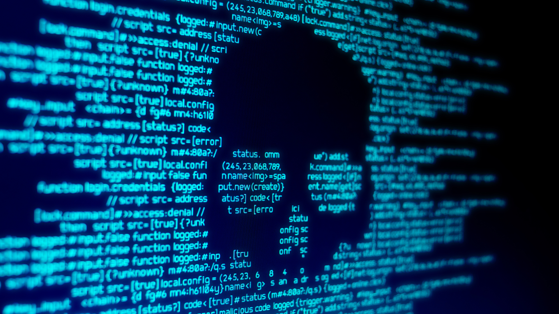 Ransomware concept image showing computer screen with binary code, with a skull imprinted over code.