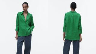 composite of model wearing green linen shirt from zara