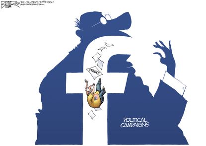 Political cartoon U.S. Facebook data Cambridge Analytica invasion of privacy political campaigns