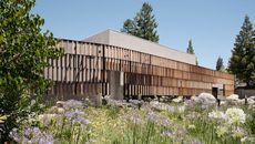 gardens and eco-friendly synagogue made of wood in california