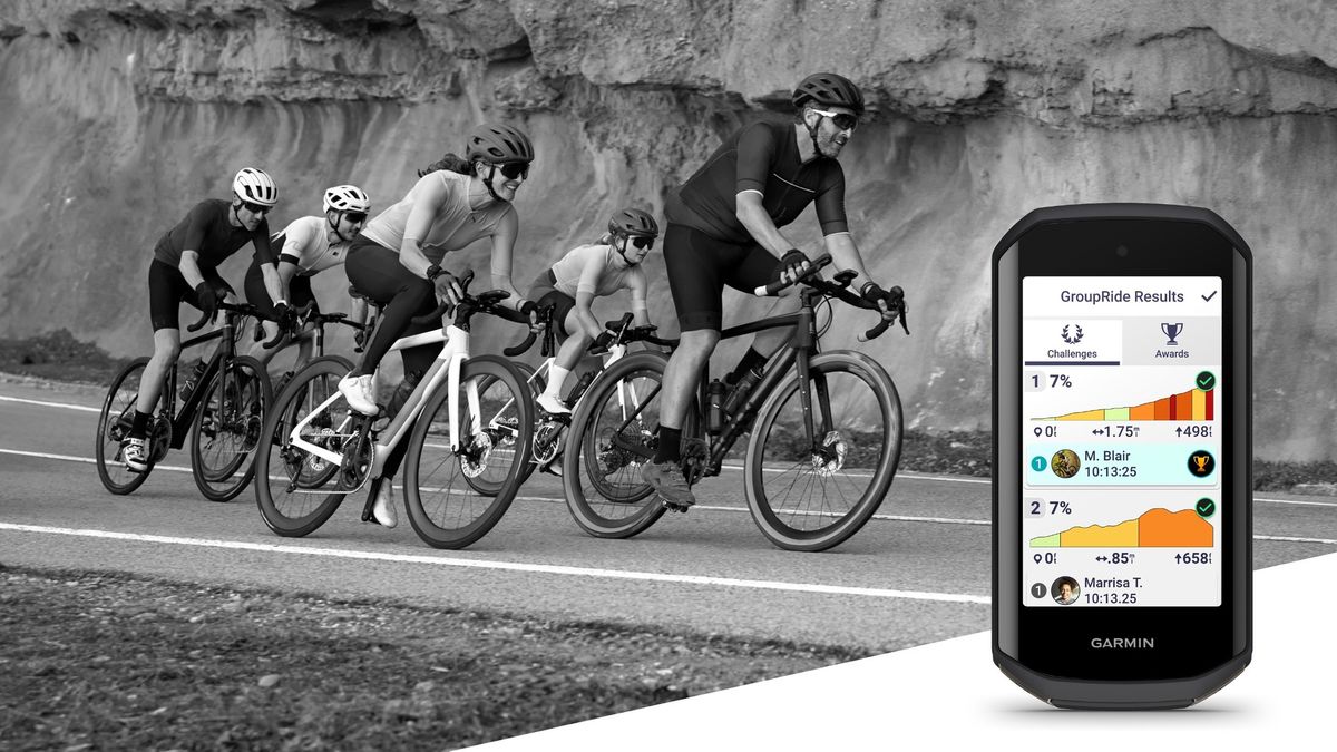 Cyclists riding together on mountain road and Garmin Edge 1050 cycle computer