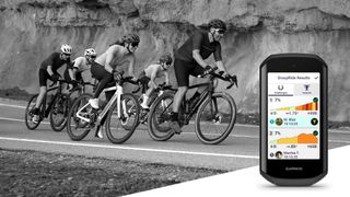 Cyclists riding together on mountain road and Garmin Edge 1050 cycle computer