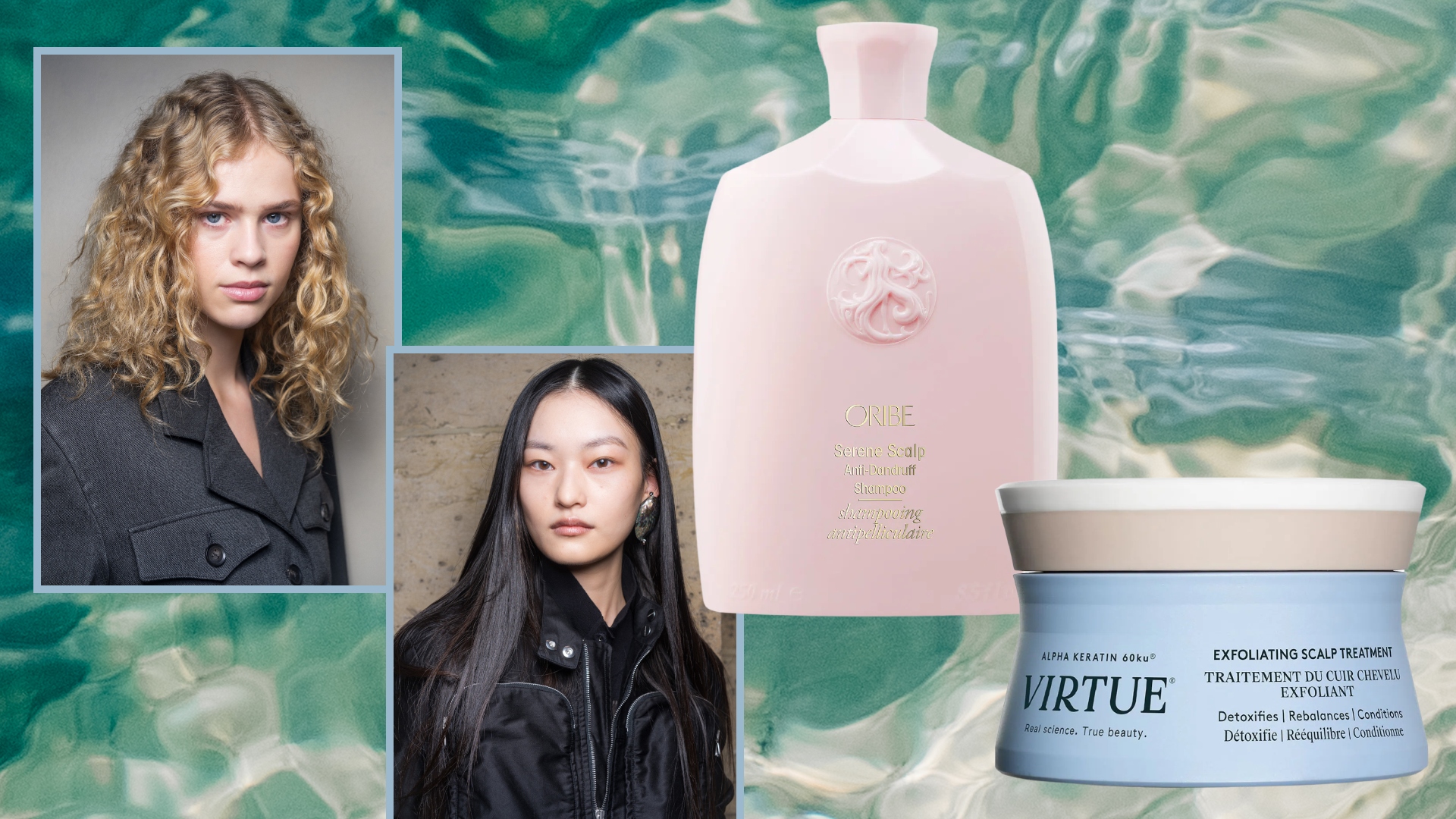 models with dandruff on a water background next to dandruff treatments