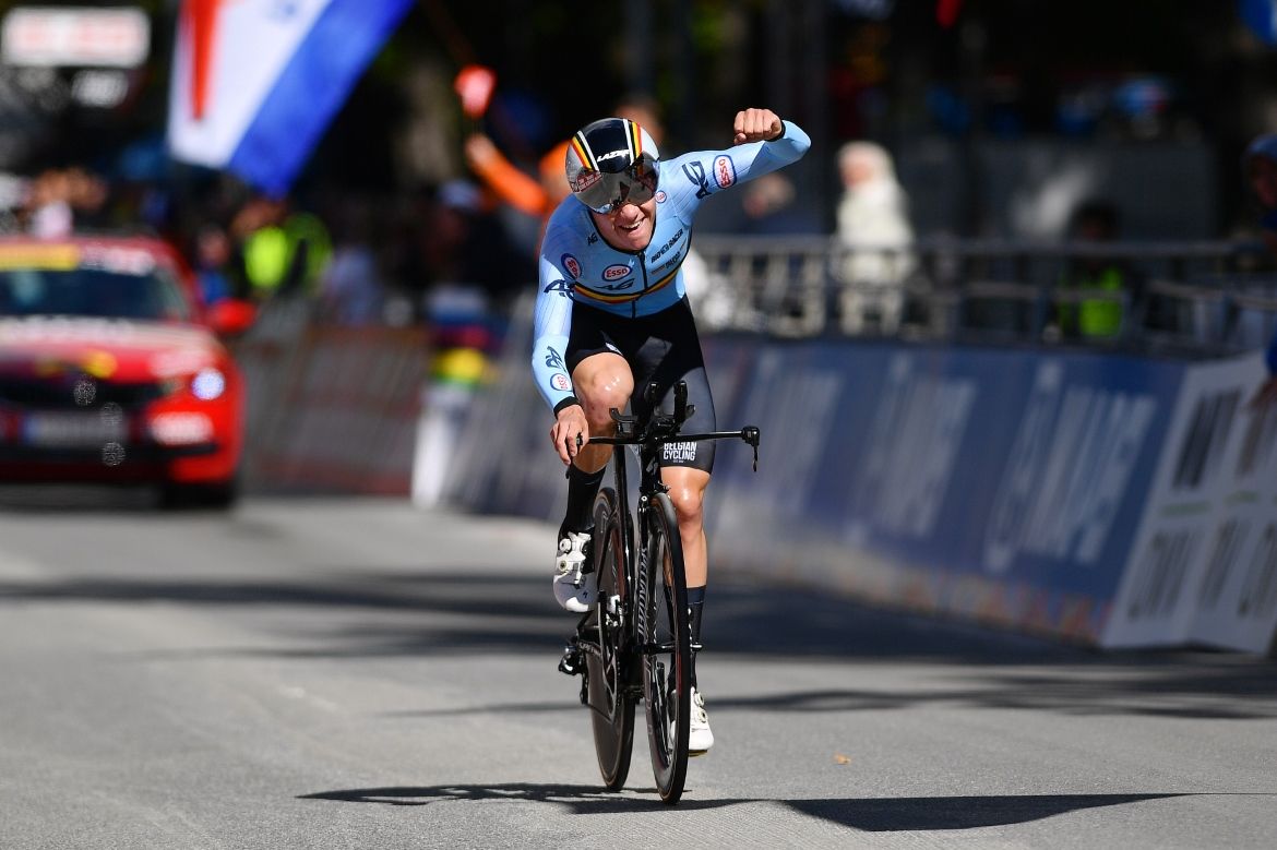 Evenepoel celebrates as he crosses the line