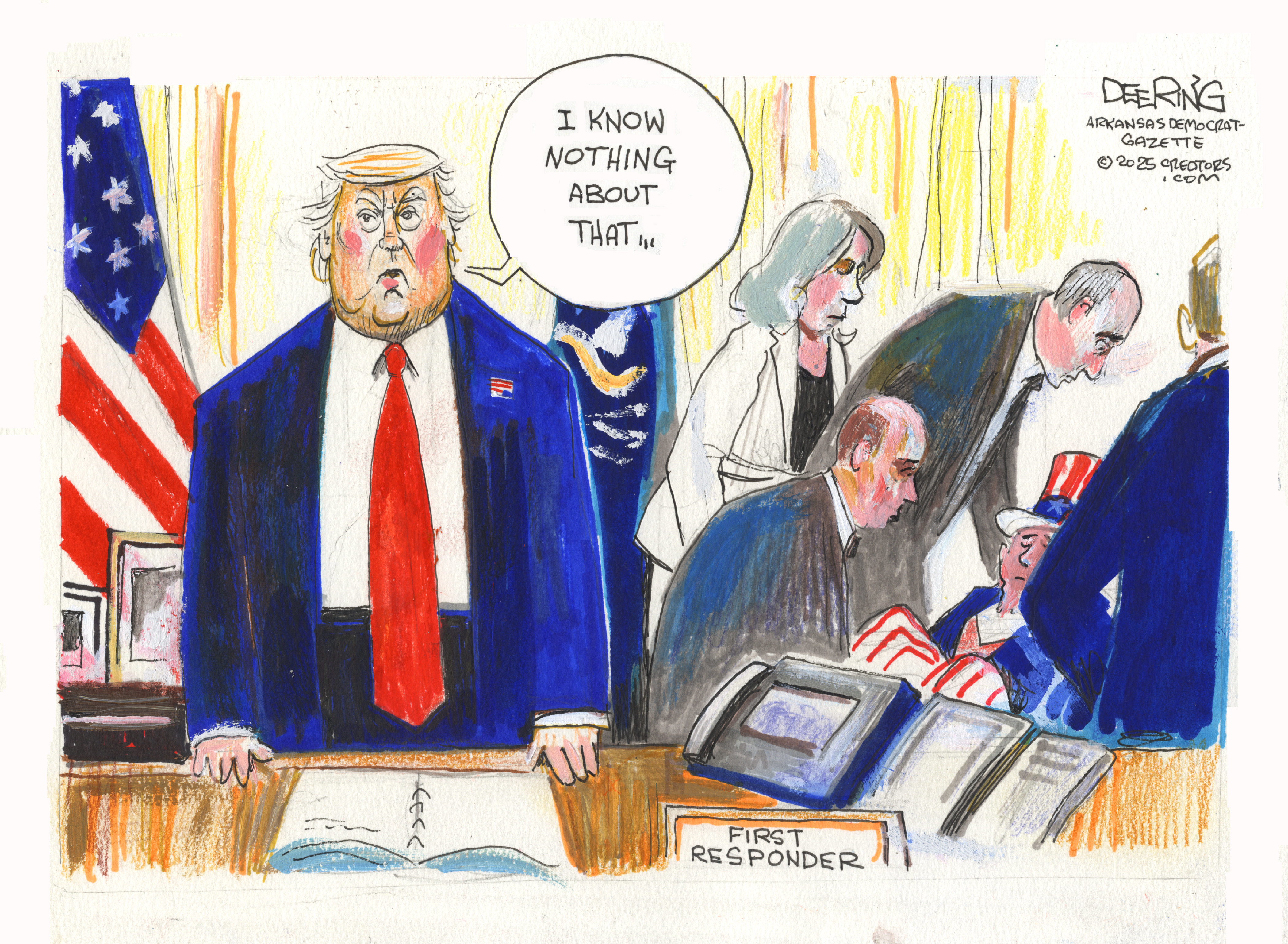 This cartoon is a play on the recent event at the White House where a man fainted and Donald Trump was photographed at his desk in the Oval Office standing by while others helped. In this version, it&amp;rsquo;s Uncle Sam who has fallen and needs help. Trump says, &amp;ldquo;I know nothing about that&amp;hellip;&amp;rdquo;
