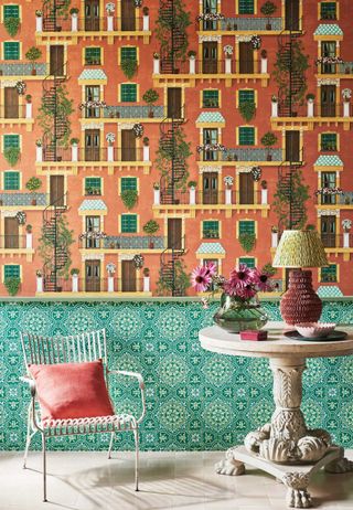 Mediterranean inspired wallpaper in a living room