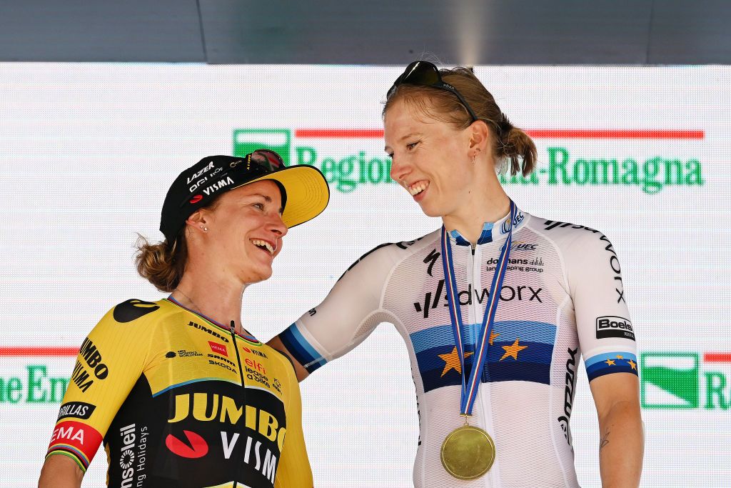 MODENA ITALY JULY 02 LR Marianne Vos of The Netherlands and Team JumboVisma on second place and stage winner Lorena Wiebes of The Netherlands and Team SD Worx pose on the podium ceremony after the 34th Giro dItalia Donne 2023 Stage 3 a 1182km stage from Formigine to Modena UCIWWT on July 02 2023 in Modena Italy Photo by Dario BelingheriGetty Images