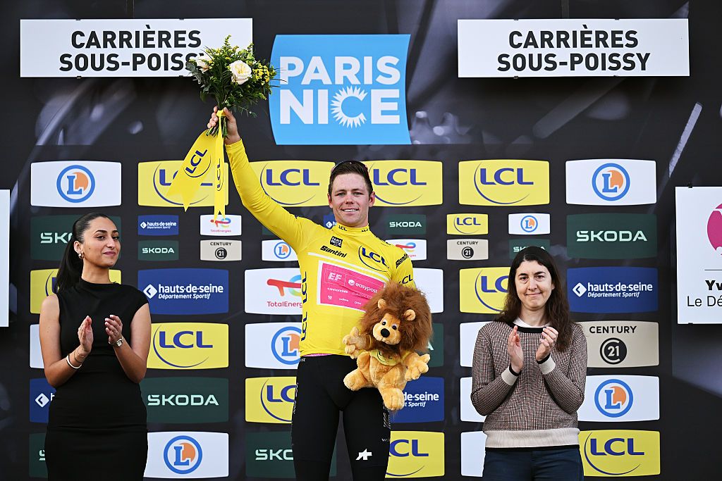 CARRIERES-SOUS-POISSY, FRANCE - MARCH 08: Luke Lamperti of United States and Team EF Education - EasyPost celebrates at podium as Yellow leader jersey winner during the 84th Paris-Nice 2026, Stage 1 a 170.9km stage from Acheres to Carrieres-sous-Poissy / #UCIWT / on March 08, 2026 in Carrieres-sous-Poissy, France. (Photo by Szymon Gruchalski/Getty Images)