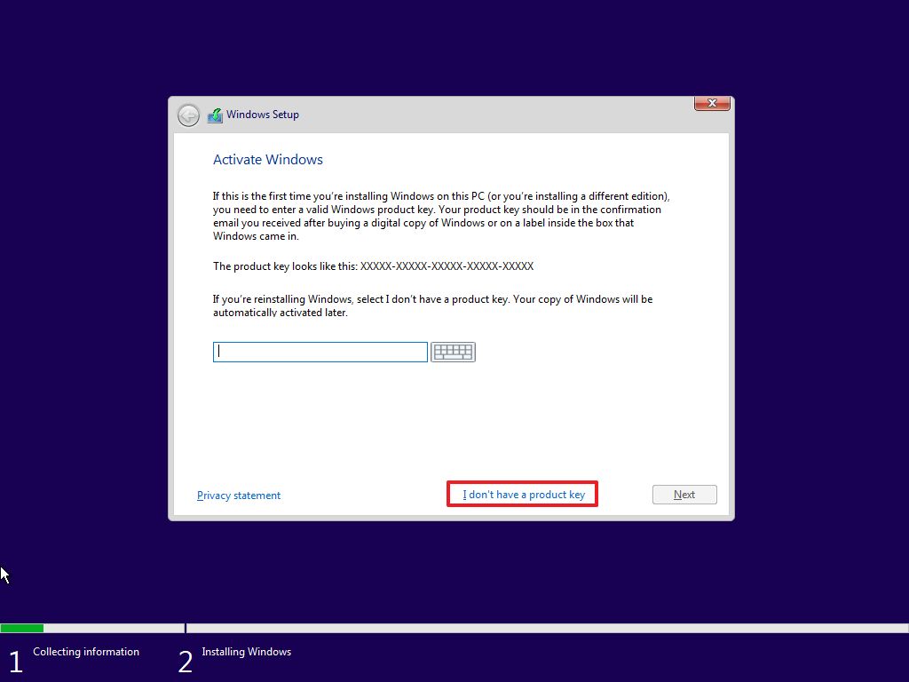 Windows 10 skip product key option