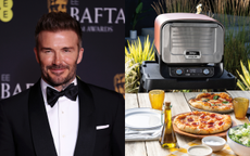 A split screen with a headshot of David Beckham in a suit and an image of a woodfire pizza oven on an outdoor dining table