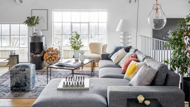 industrial living room with large grey sofa