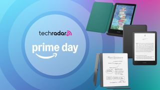 Various Amazon Kindle and Fire tablets on multicolored background with concentric circles and techradar and Amazon Prime Day logos