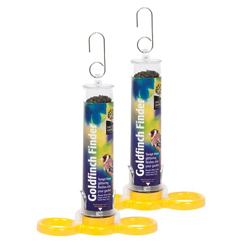 Jacobi Jayne&amp;reg; Pre-Filled Niger Bird Feeders for Garden Birds Goldfinch Finder Pack of Two - Hanging Bird Feeders for Small Birds. Niger Bird Feeder Hanging Wire Included, Yellow