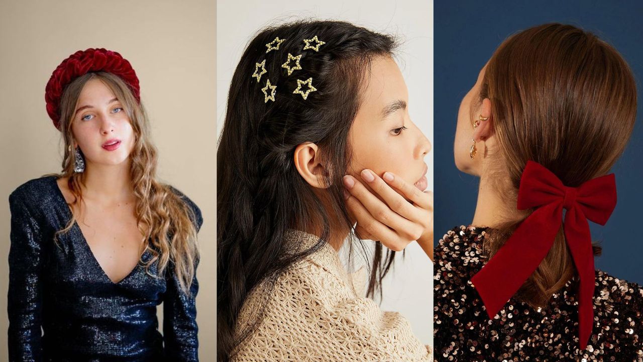 A trio of Christmas hair accessories, including a velvet headband, star clips and a red bow