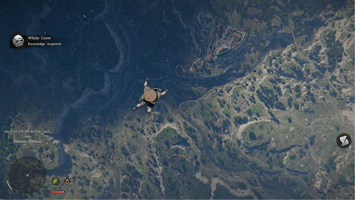 Screenshots of Crimson Desert from a preview event, displaying Kliff cooking, leaping off a sky island, and chopping down a tree.