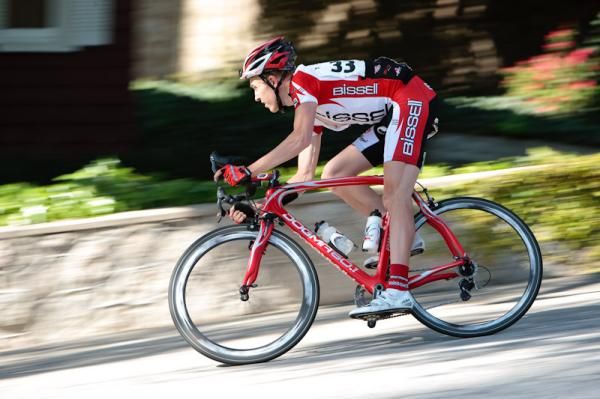 Rob Britton (Bissell) descends through one of the windy sections of the course.