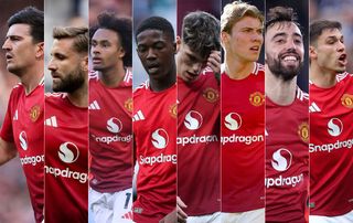 Manchester United squad members (L-R): Harry Maguire, Luke Shaw, Joshua Zirkzee, Kobbie Mainoo, Alejandro Garnacho, Rasmus Hojlund, Bruno Fernandes and Manuel Ugarte