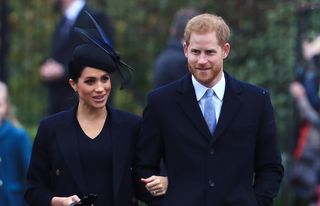 Meghan, Duchess of Sussex and Prince Harry, Duke of Sussex arrive to attend Christmas Day Church service at Church of St Mary Magdalene
