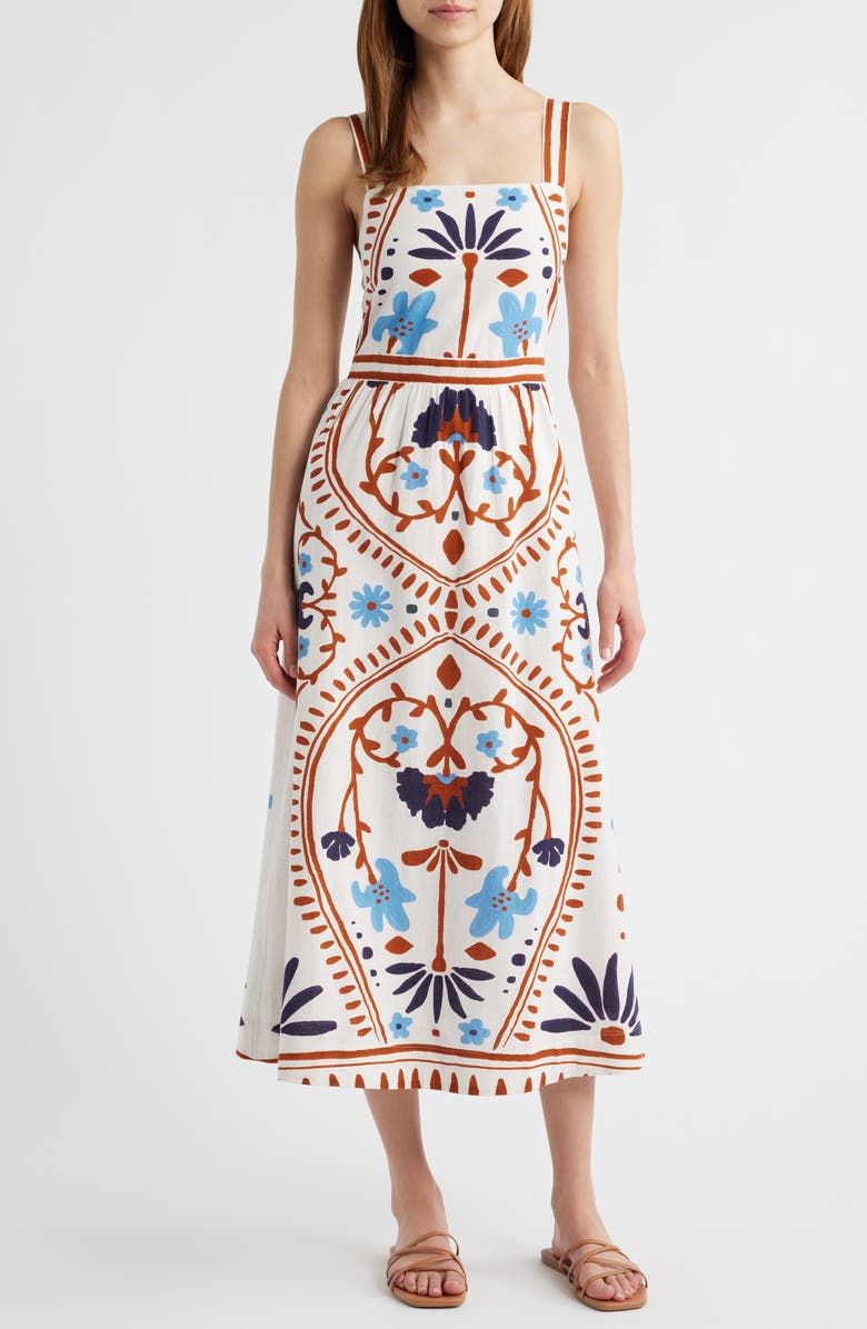 Carmen Mixed Print Cotton & Linen Midi Dress